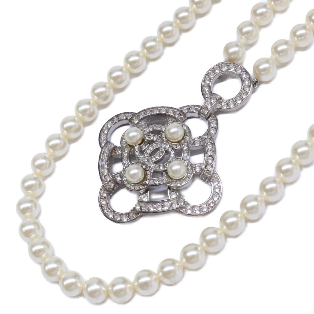 CHANEL B16B Rhinestone Coco Mark Camellia Double Pearl Necklace, Silver Hardw...
